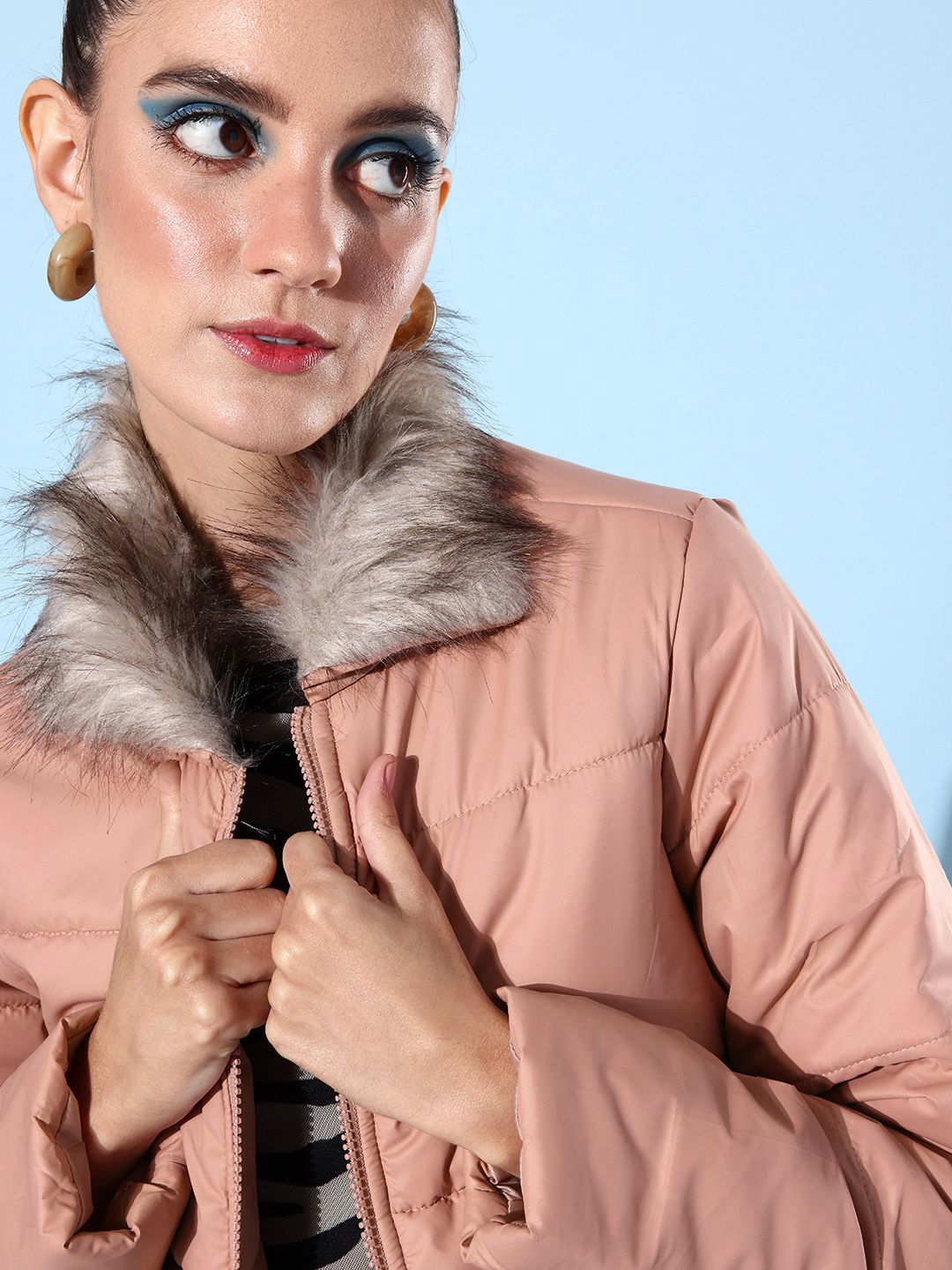 DressBerry Women Longline Padded Jacket With Faux Fur Trim Detail
