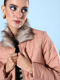 DressBerry Women Longline Padded Jacket With Faux Fur Trim Detail