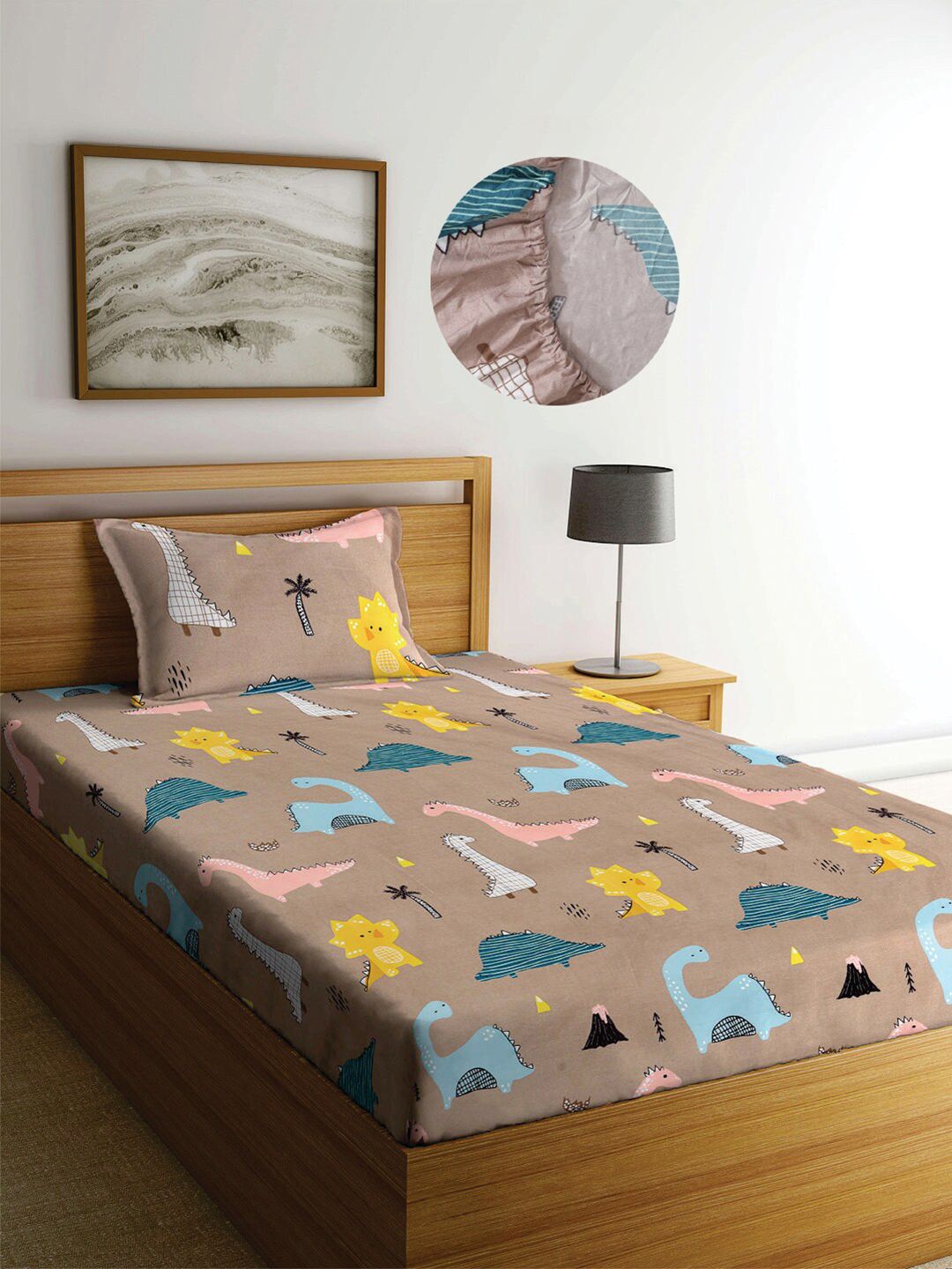KLOTTHE Brown Cartoon Fitted 300 TC Single Fine Bedsheet With 1 Pillow Cover-225X150 cm