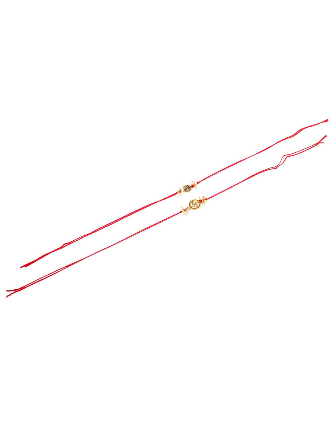 NVR Unisex Set of 2 Pearls Swastik Desgin Thread Rakhi with Roli Chawal Chandan Mishri