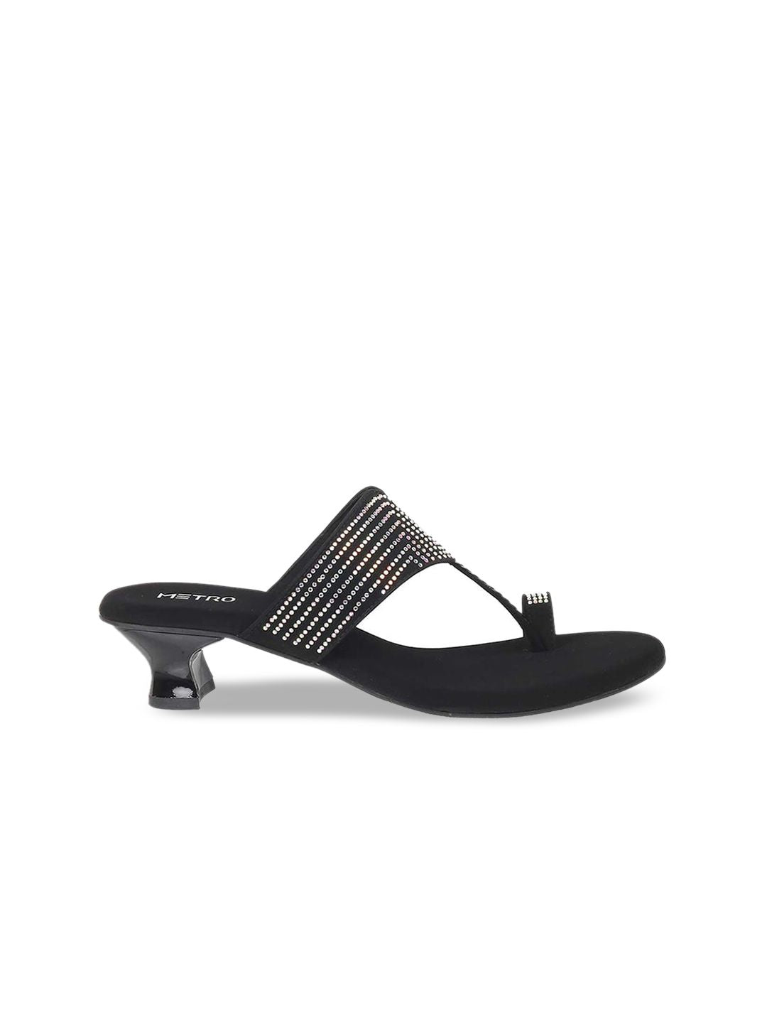 Metro Black & Silver-Toned Embellished Block Heels