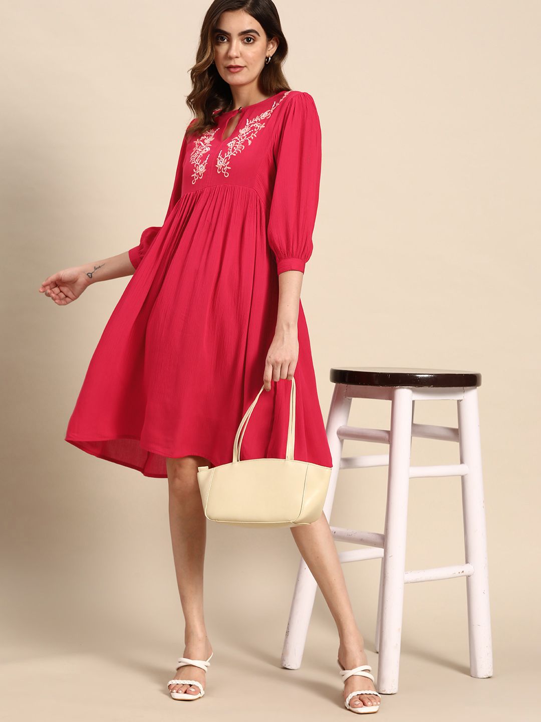 all about you Ethnic Motifs Embroidered Bishop Sleeves A-Line Dress