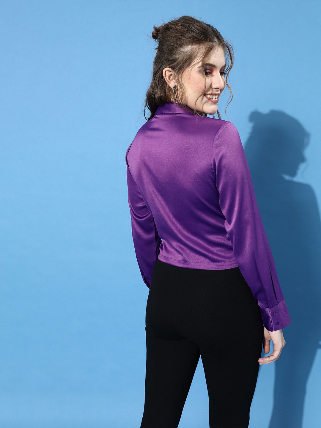 STREET 9 Women Elegant Purple Solid Satin Shirt