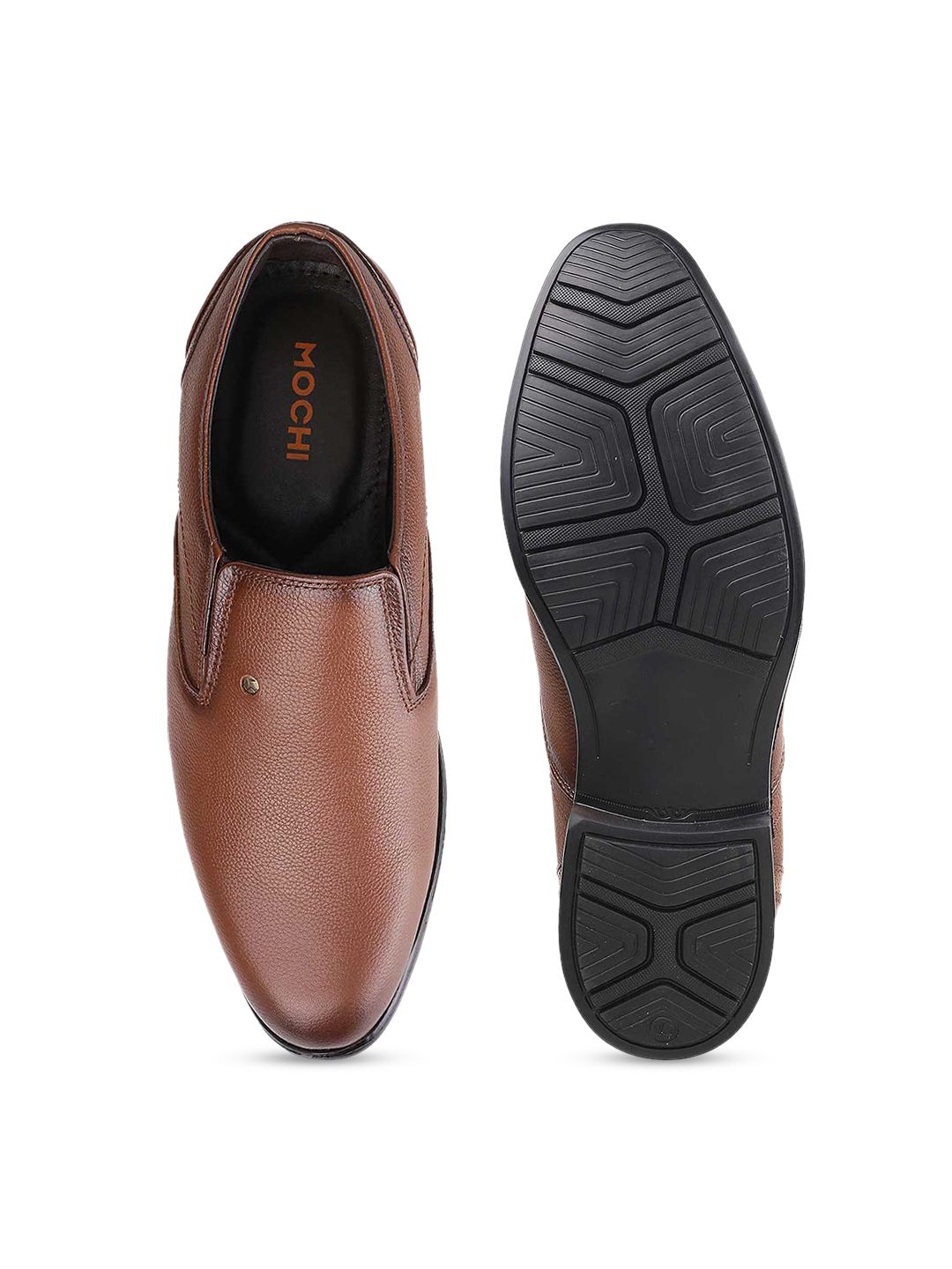 Mochi Men Tan Brown Solid Leather Formal Slip-Ons