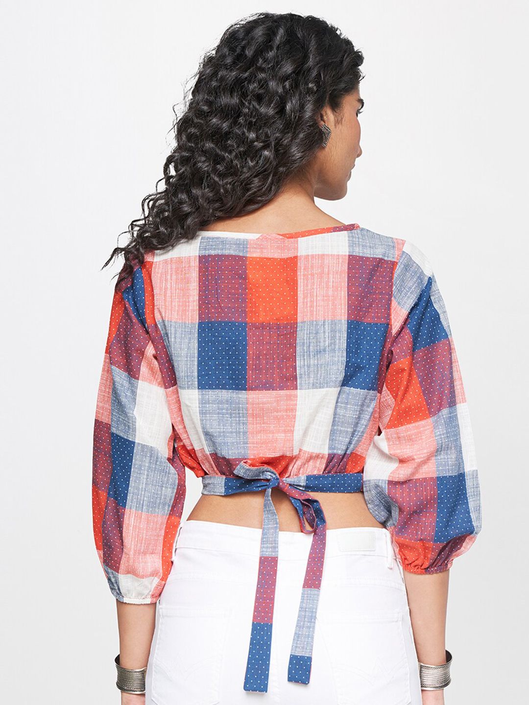 Global Desi Checked Puff Sleeves Pure Cotton Crop Top