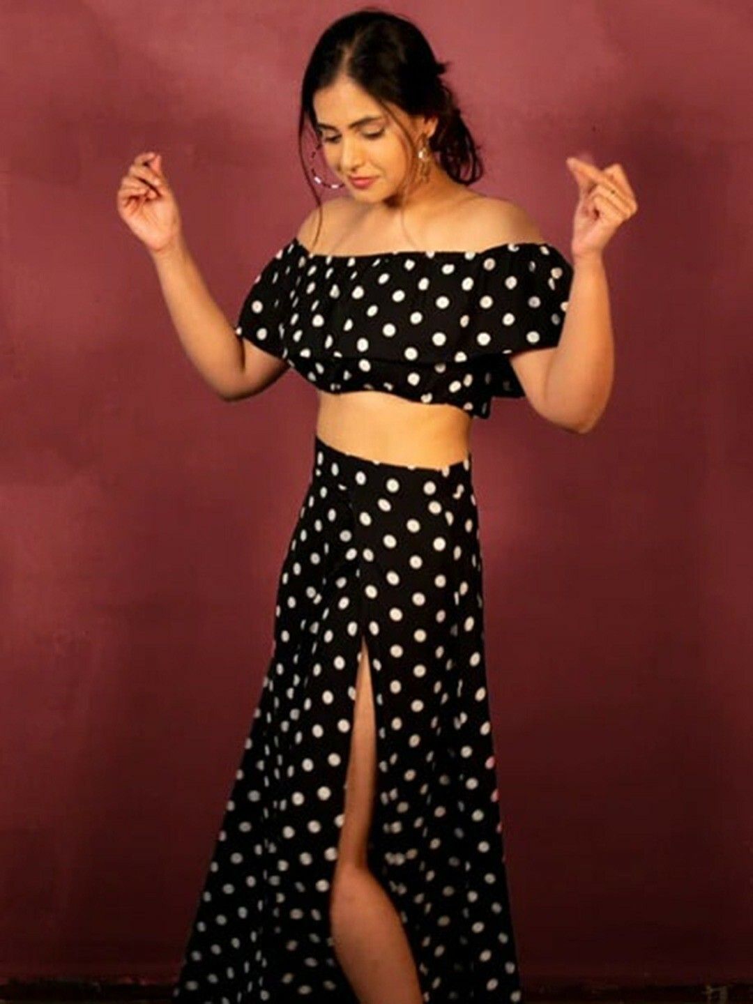 Berrylush Black & White Polka Dots Printed Two-Piece Dress