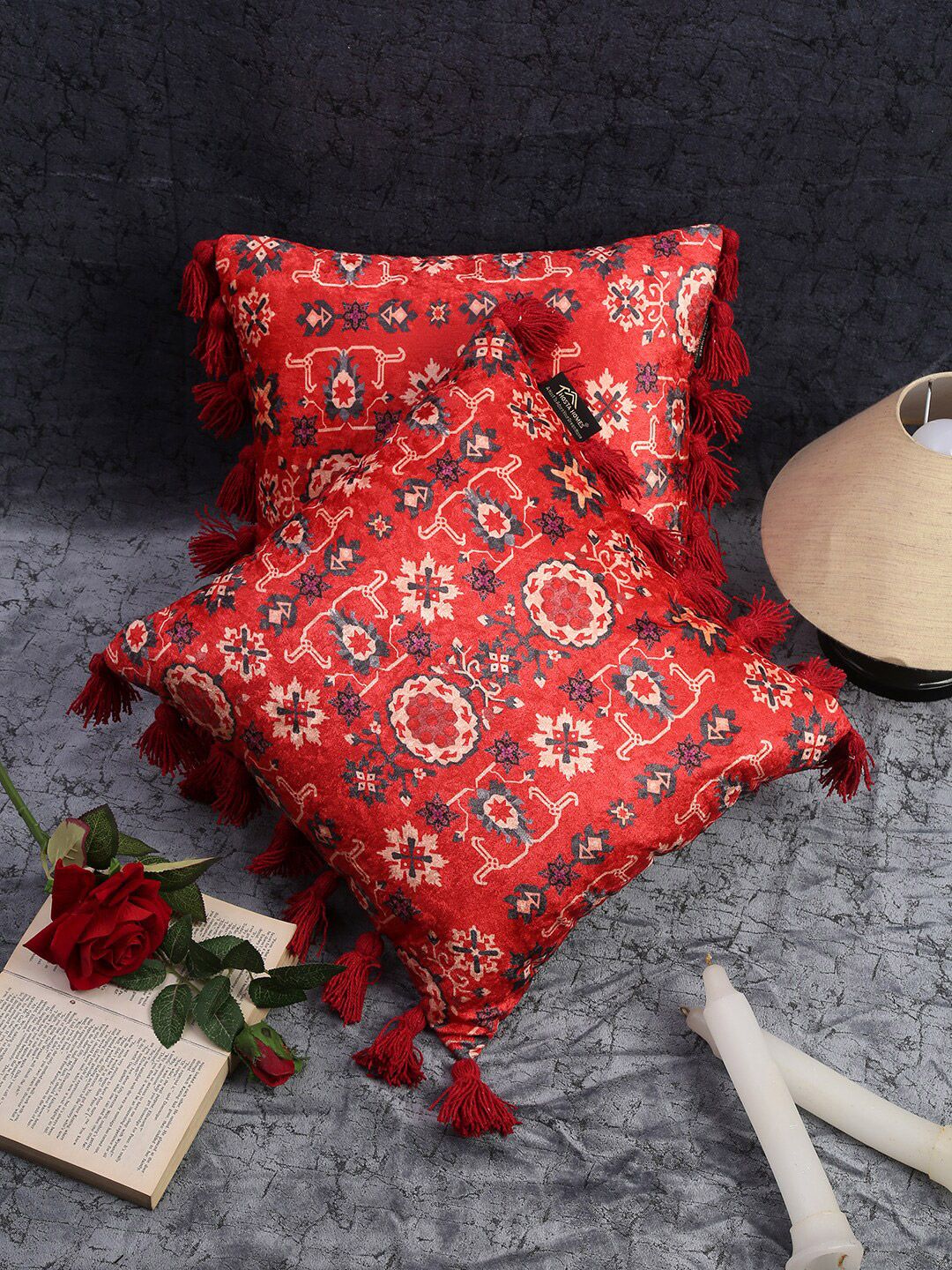 HOSTA HOMES Red & Grey Set of 2 Geometric Velvet Square Cushion Covers