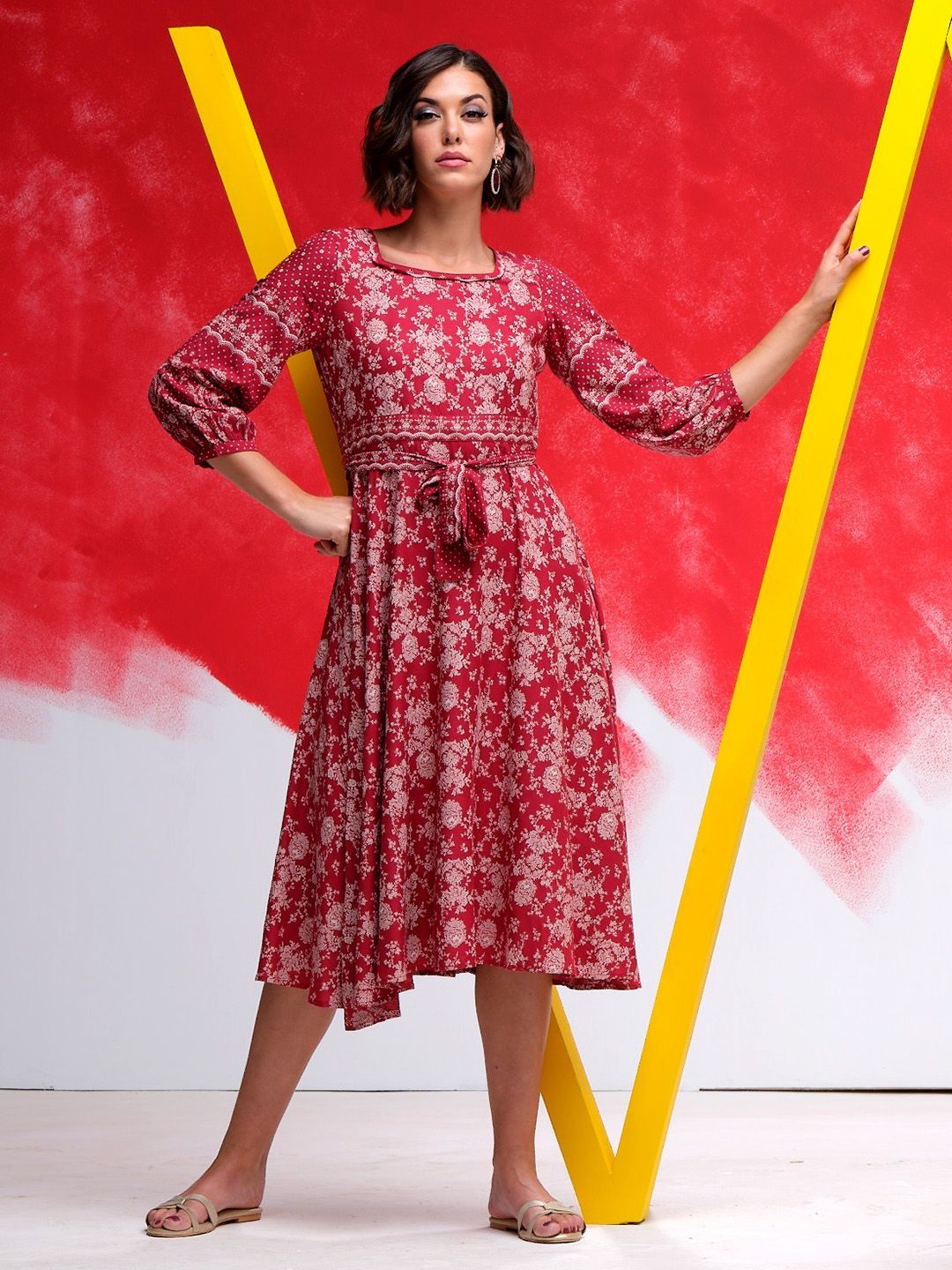 W Maroon & Grey Ethnic Motifs Ethnic Midi Dress
