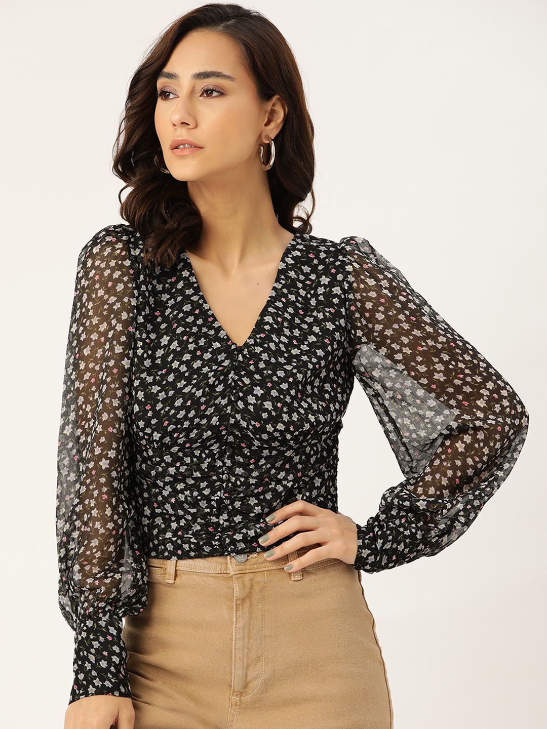 Antheaa Black & White Floral Printed Monochrome Chiffon Top