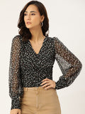 Antheaa Black & White Floral Printed Monochrome Chiffon Top