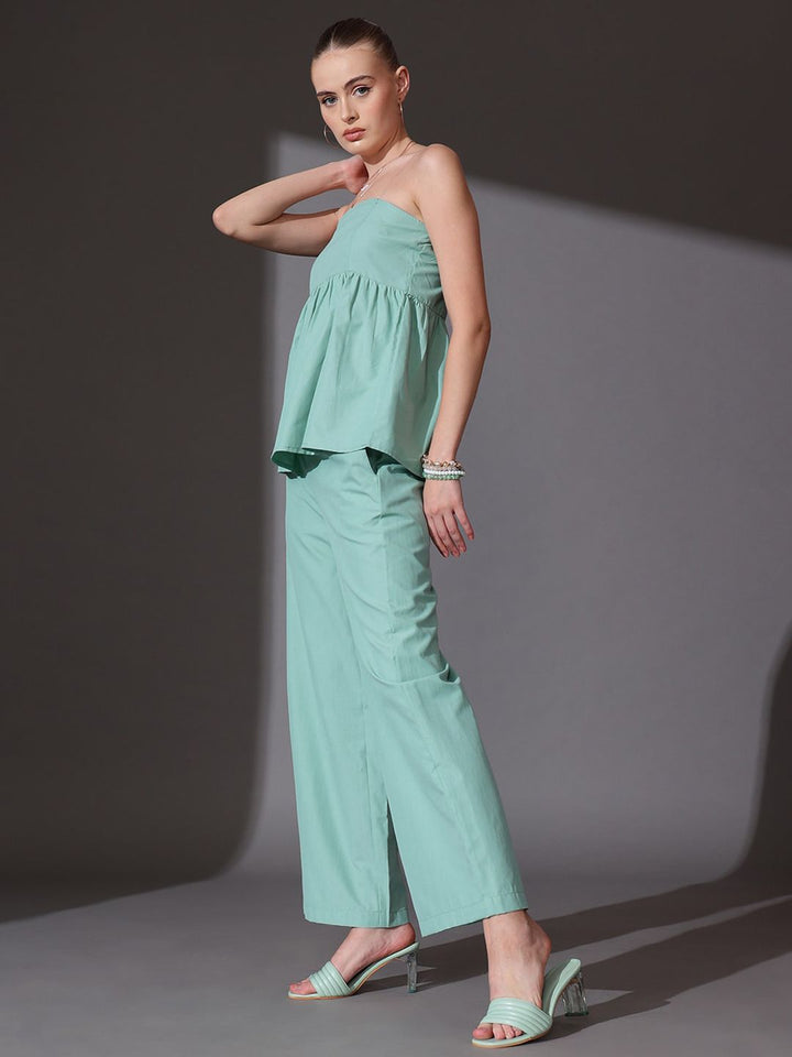 STREET 9 Solid Off Shoulder Top With Flared Trousers Co-Ords