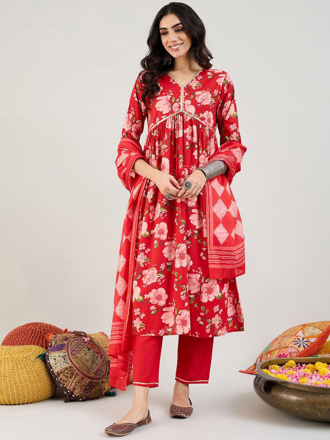 Indo Era Floral Printed Empire Gotta Patti Pure Cotton Kurta & Trousers & Dupatta