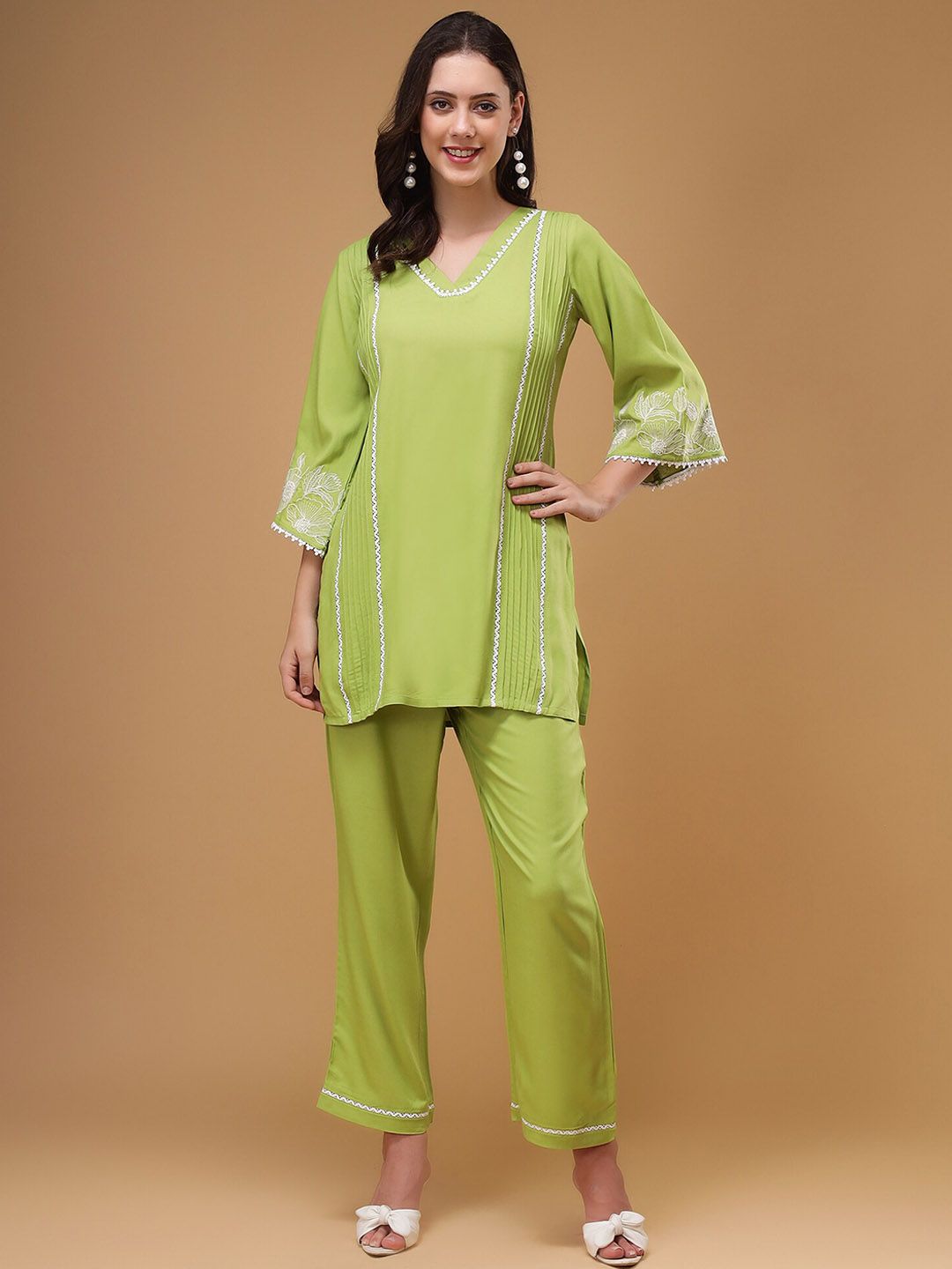 Bani Women Floral Embroidered V-Neck Lace Top & Flared Trouser