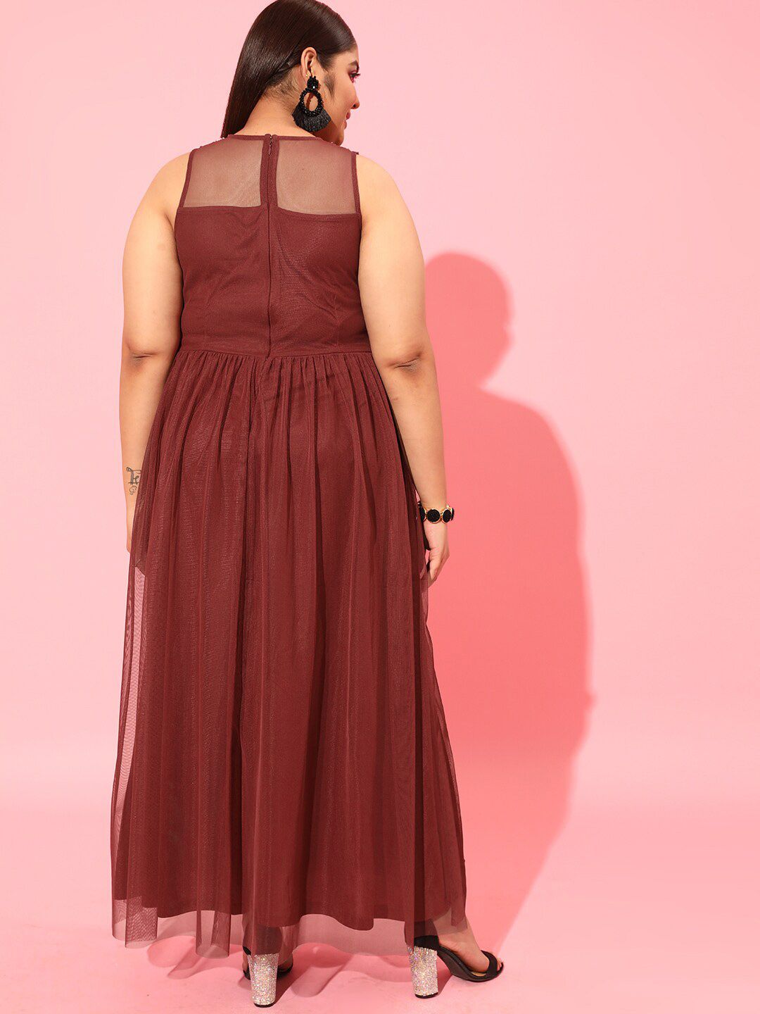 CURVY STREET Burgundy Plus Size Embellished Net Dress