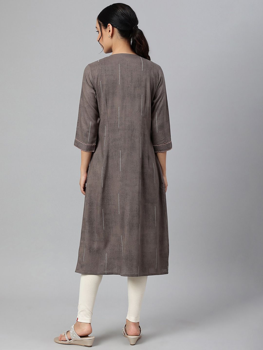 W Women Charcoal Grey Button Down Pleated Kurta