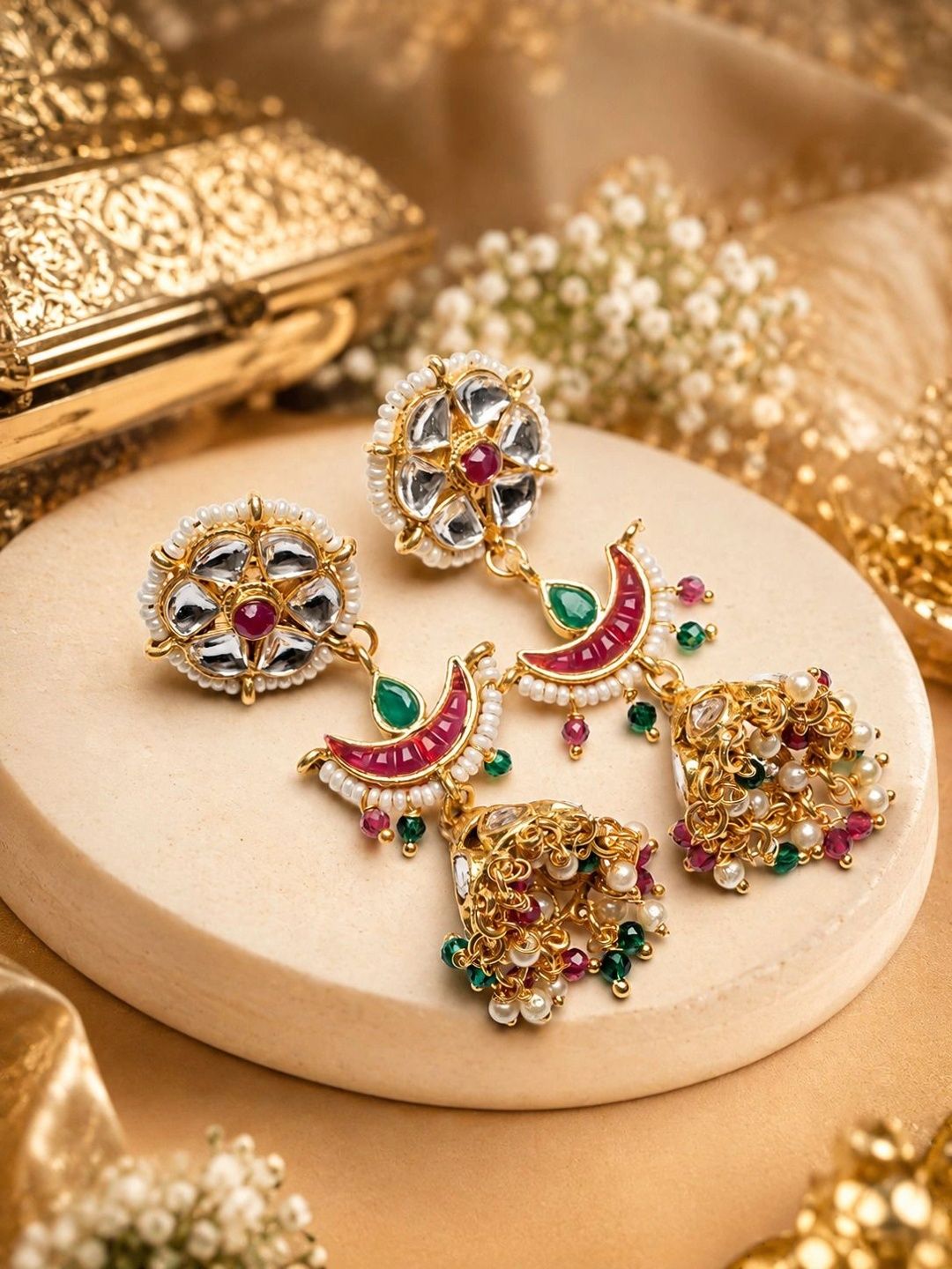 PANASH Gold-Plated Artificial Stones Studded And Beaded Contemporary Shaped Jhumkas