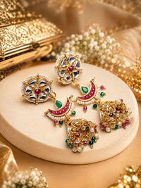 PANASH Gold-Plated Artificial Stones Studded And Beaded Contemporary Shaped Jhumkas