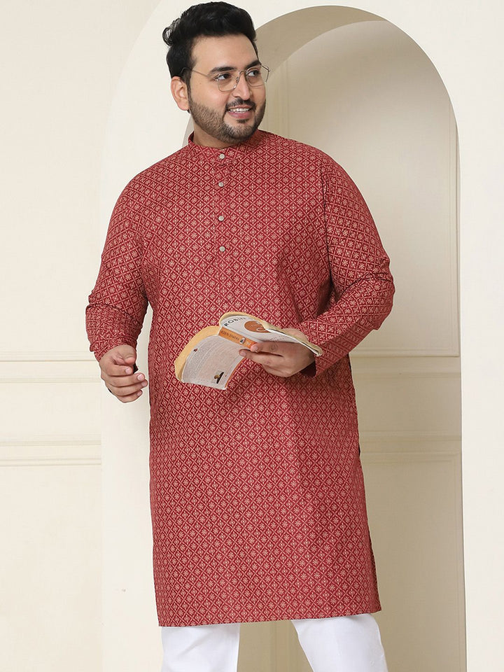 SOJANYA Plus Motif Etnik Printed Mandarin Collar Lengan Panjang Cotton Linen Kurta Lurus