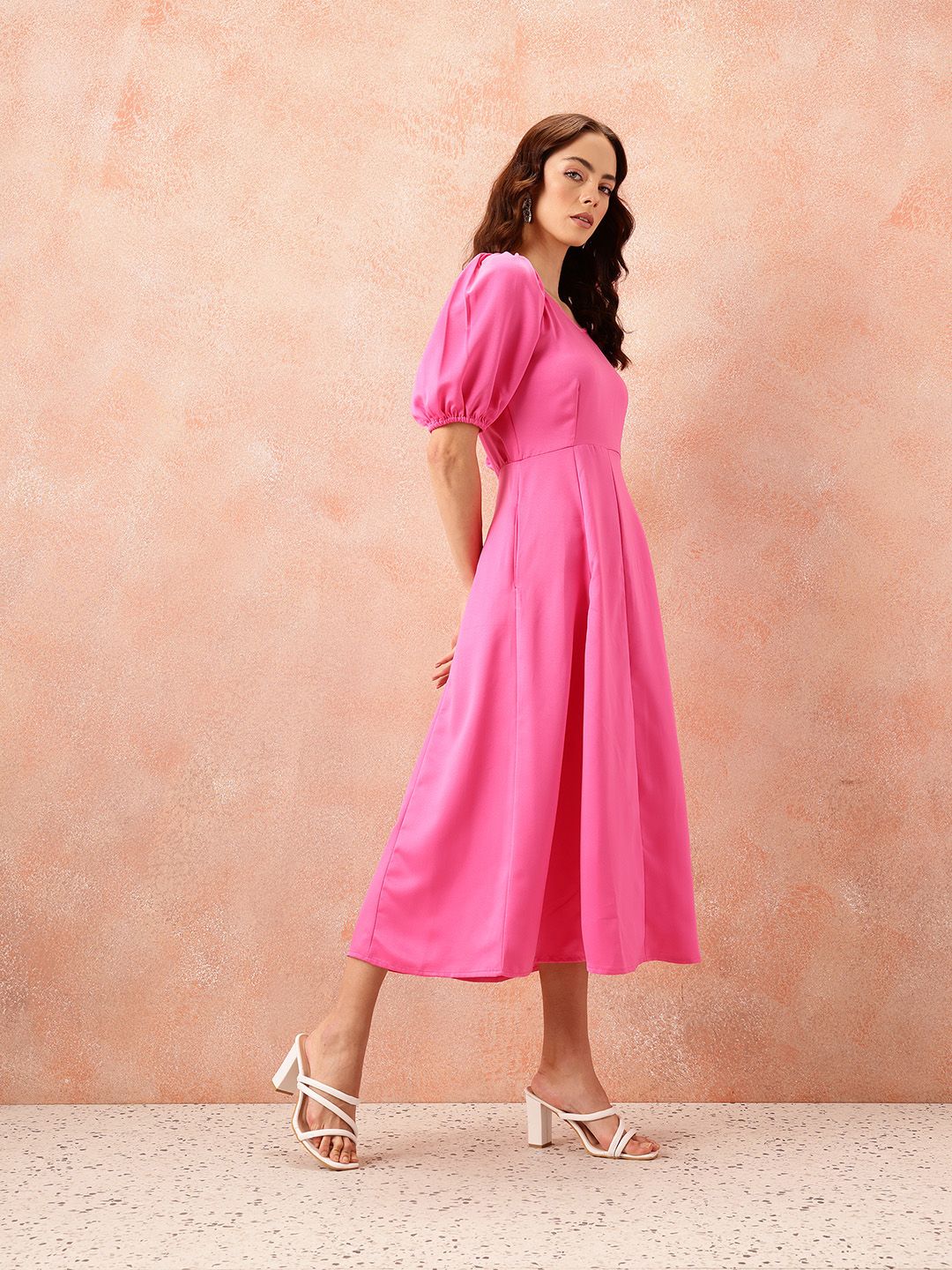 all about you Sweetheart Neck Puff Sleeves Satin Fit & Flare Midi Dress