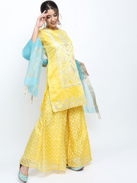 Vishudh Women Yellow Ethnic Motifs Printed Kurti with Palazzos & With Dupatta