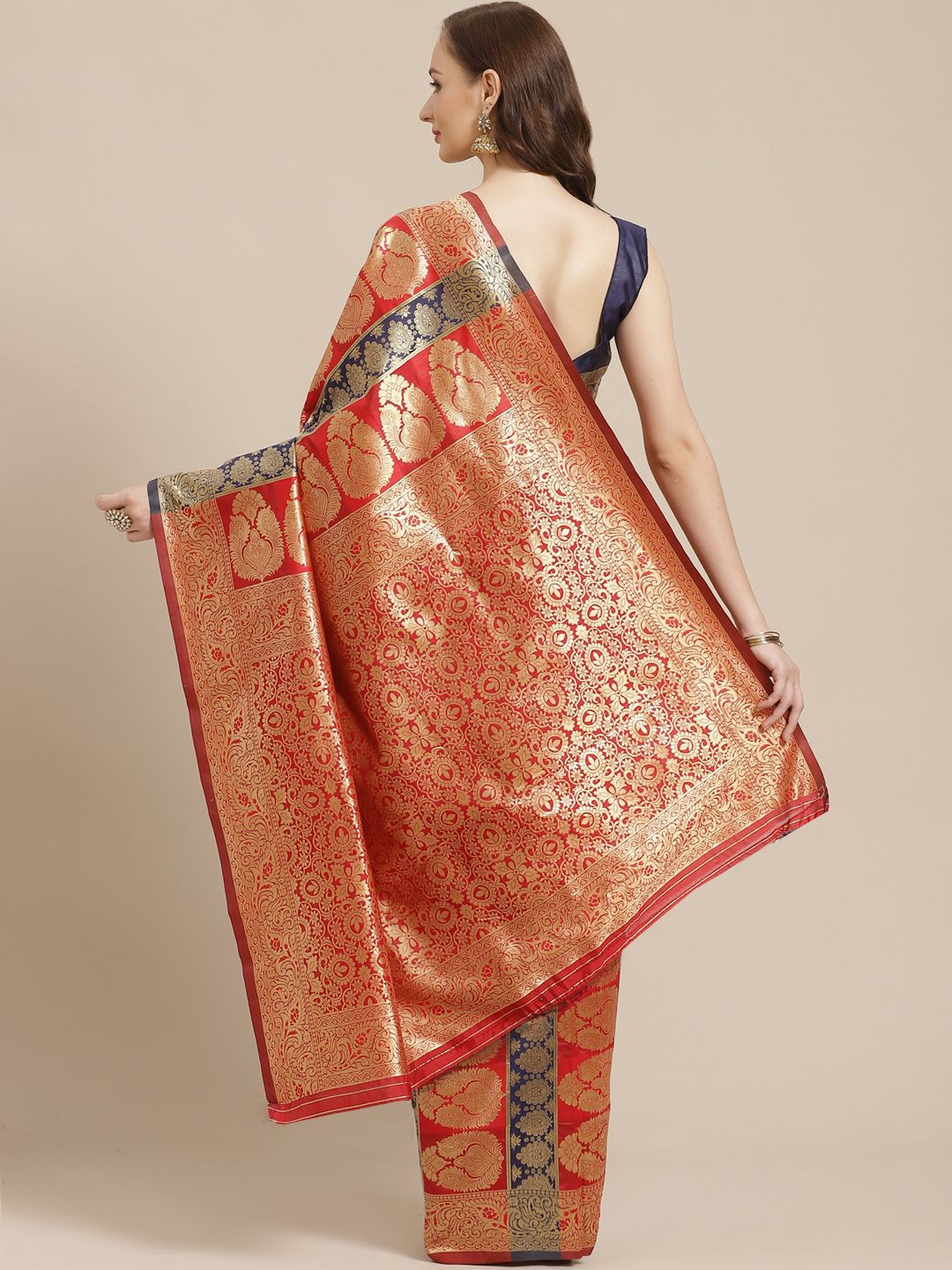 Saree mall Red & Navy Blue Woven Design Banarasi Saree