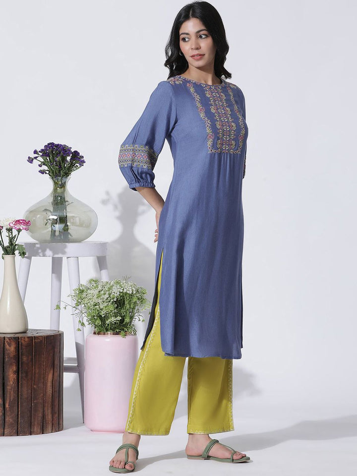 W Floral Embroidered Straight Kurta with Palazzos