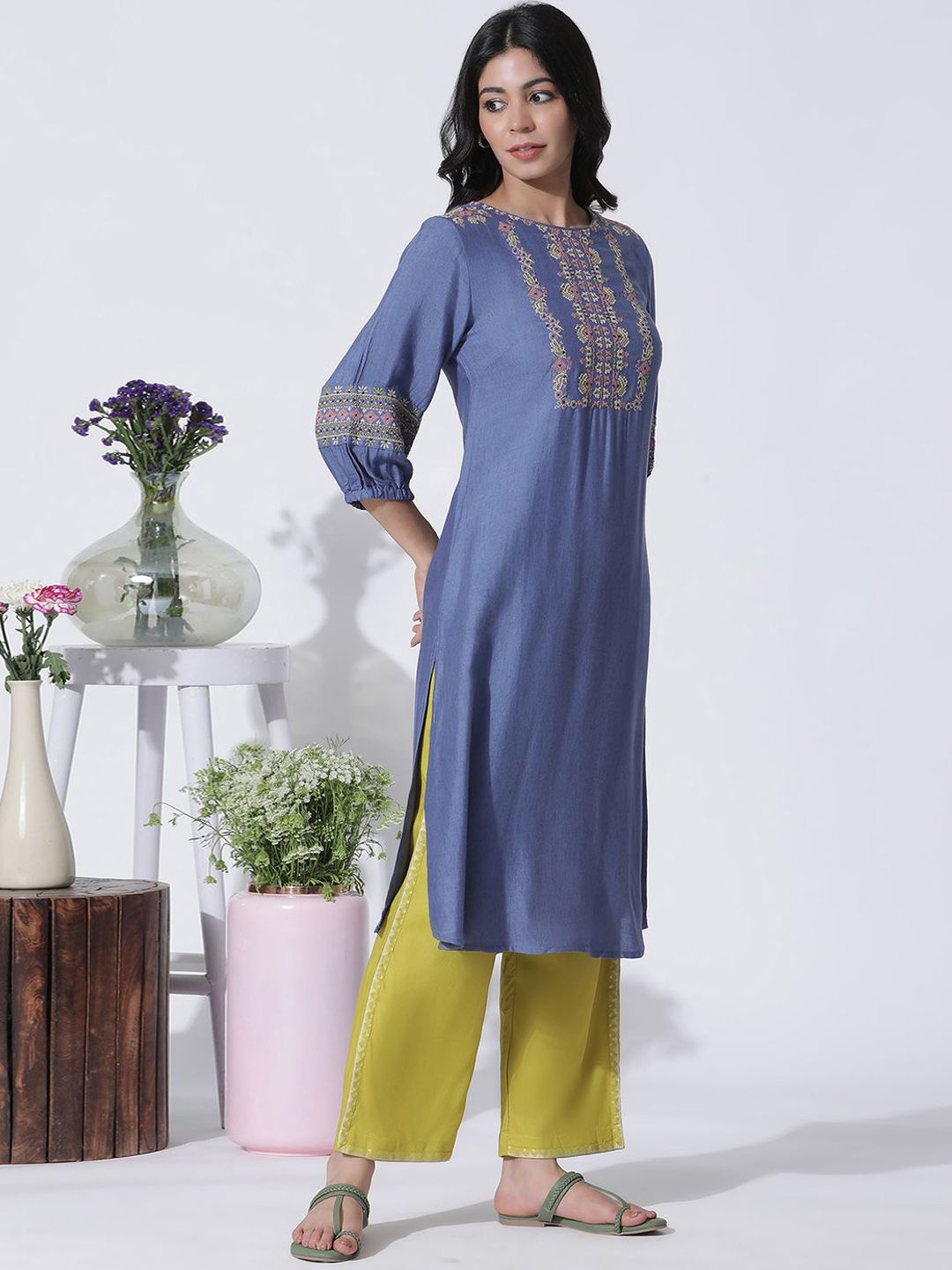 W Floral Embroidered Straight Kurta with Palazzos