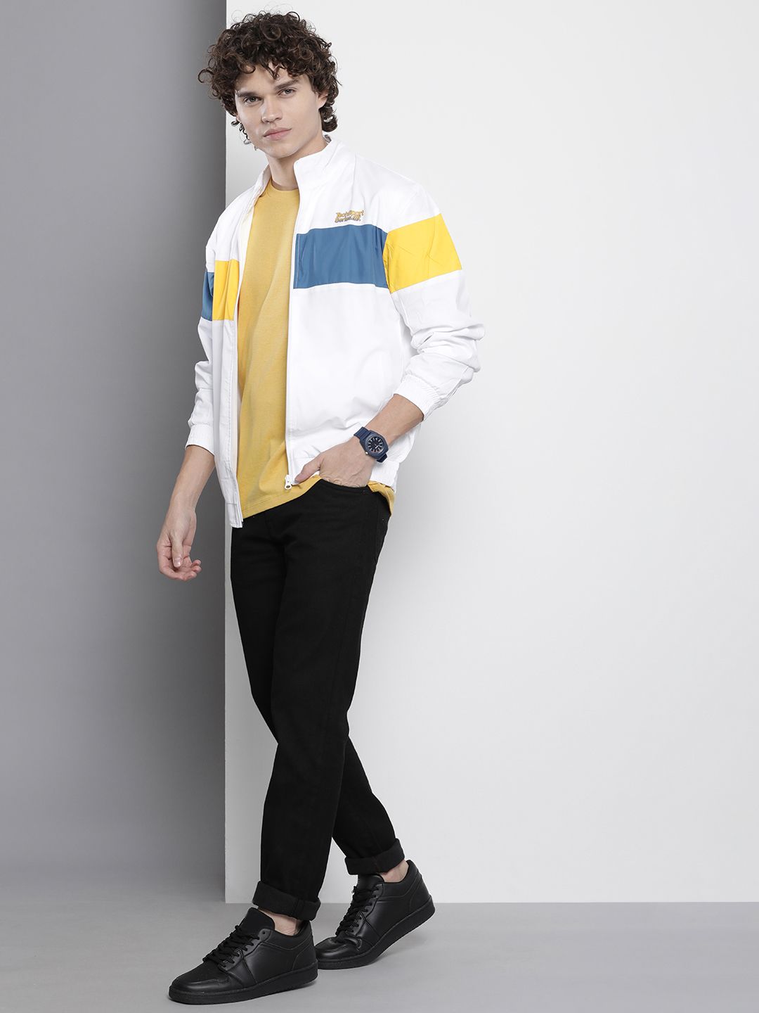 The Indian Garage Co Men White & Blue Striped Windcheater Bomber Jacket