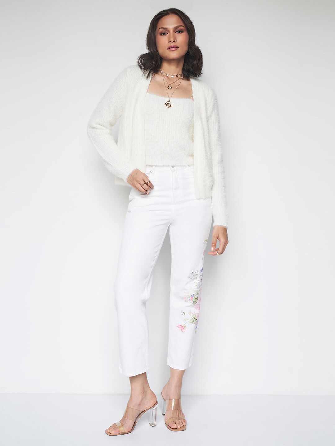 AND Women Striped with Fuzzy Detail Open Front Sweater with Crop Top