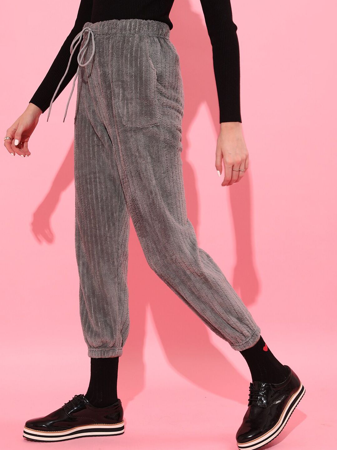 STREET 9 Women Grey Textured Loose Fit Joggers Trousers