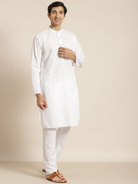 SOJANYA Men White Chikankari Pure Cotton Kurta with Churidar & Nehru Jacket