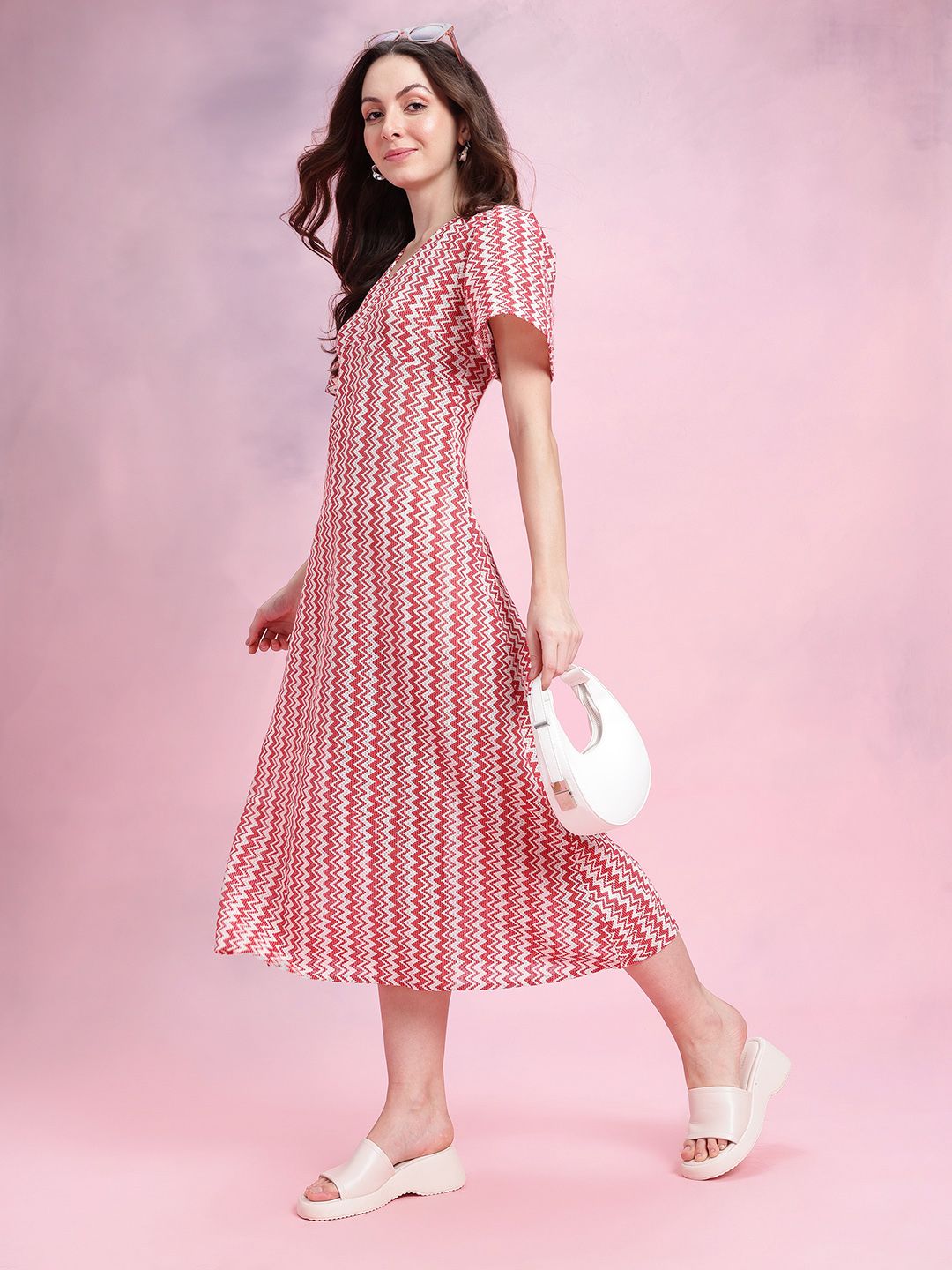 DressBerry Chevron Self-Design Bell Sleeves Crochet Empire Midi Dress