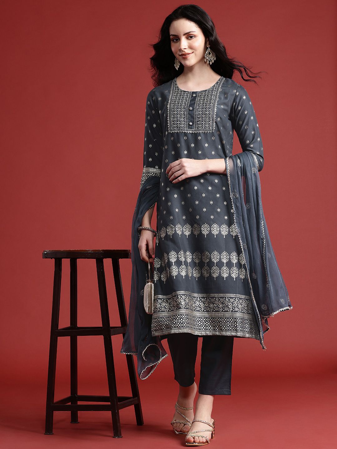 Anouk Printed Gotta Patti Kurta with Trousers & With Dupatta
