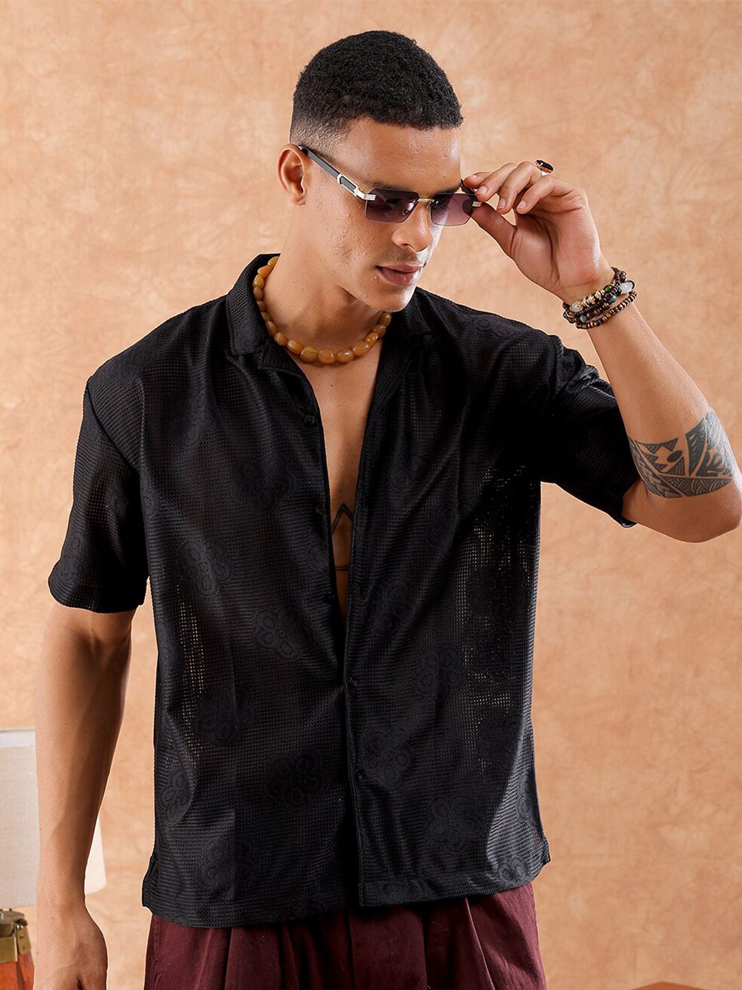 The Indian Garage Co Men Relaxed Fit Solid Warp Knit Lace Resortwear Shirt