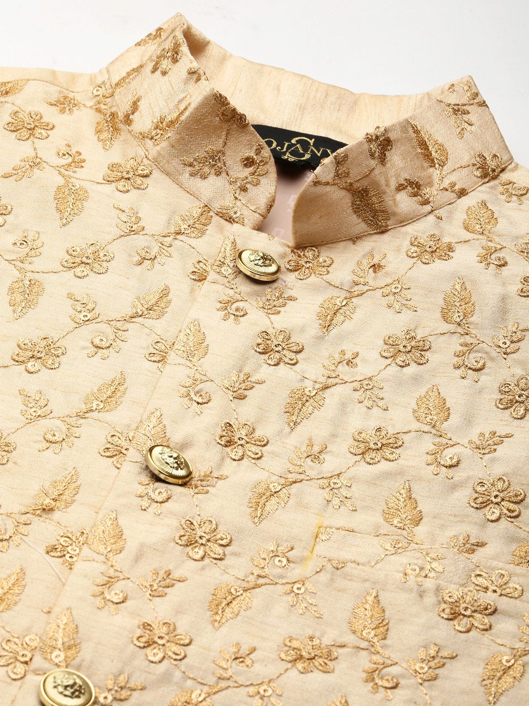 SOJANYA Men Golden & Beige Kurta with Churidar & Nehru Jacket