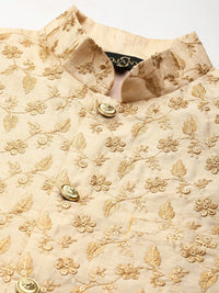 SOJANYA Men Golden & Beige Kurta with Churidar & Nehru Jacket