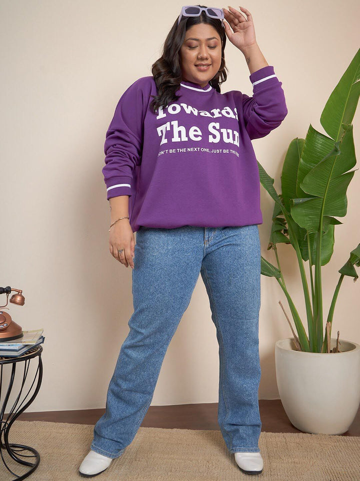 CURVY STREET Plus Size Typography Printed Ribbed Pure Cotton Sweatshirt