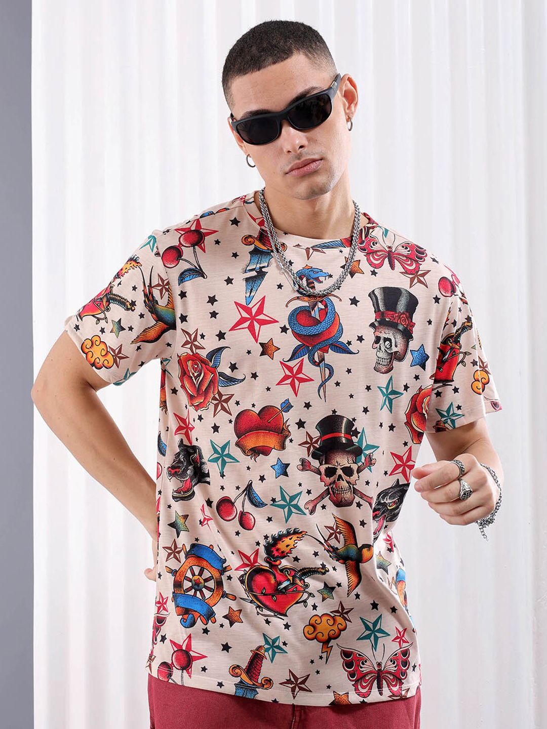 The Indian Garage Co Beige Conversational Printed Slim Fit T-shirt