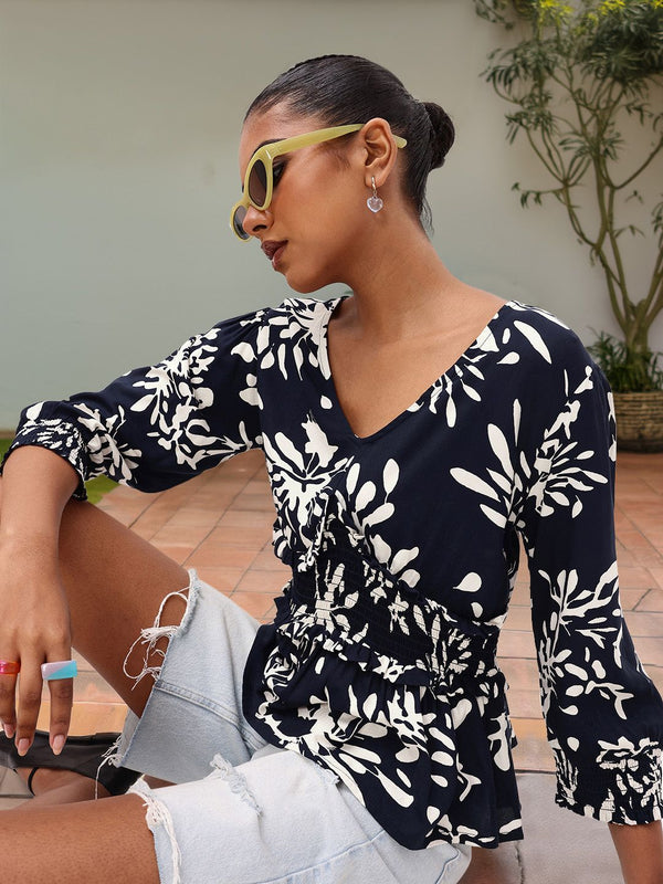 DressBerry Vacation-Inspired Tropical Print V-Neck Peplum Top