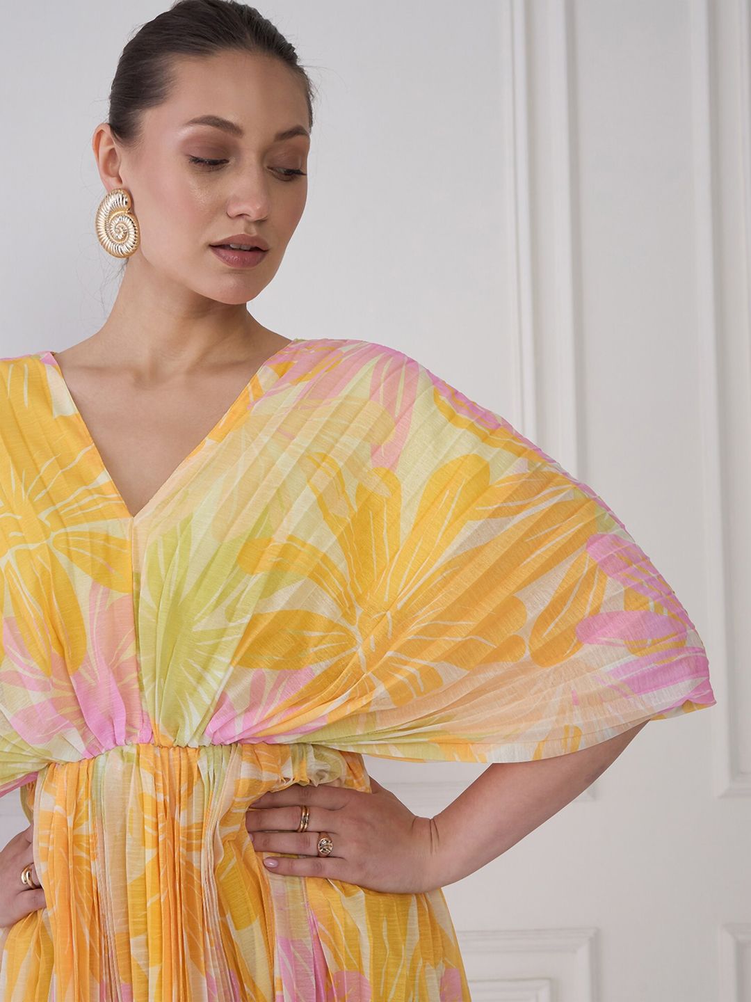 Antheaa Yellow & Pink Floral Print V-Neck Extended Sleeves Chiffon Fit & Flare Dress