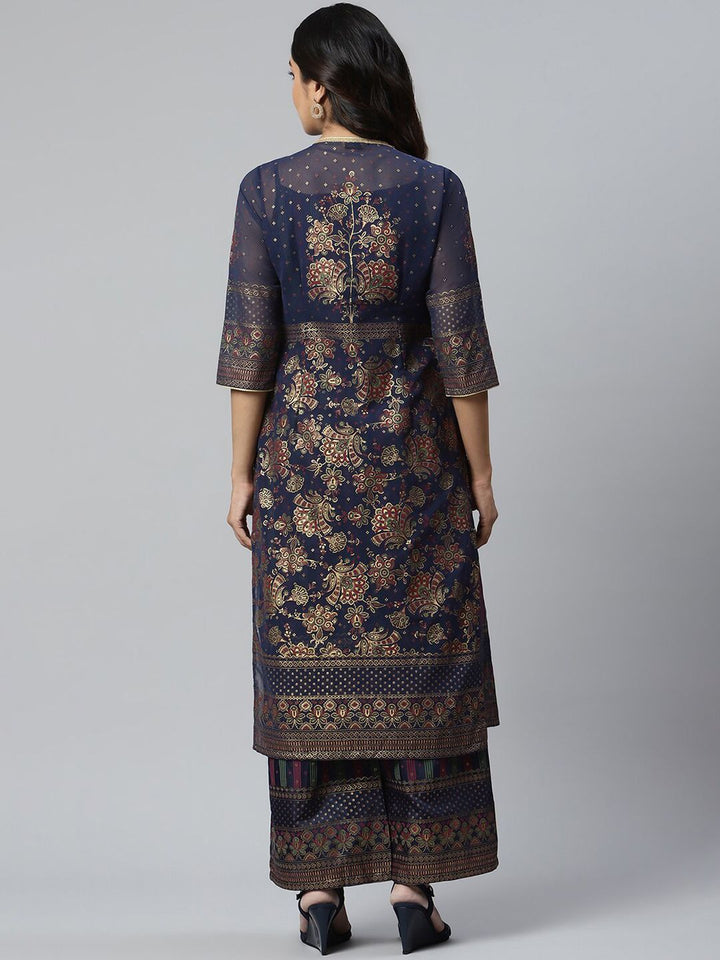 AURELIA Women Blue Printed Pleated Kurta with Palazzos