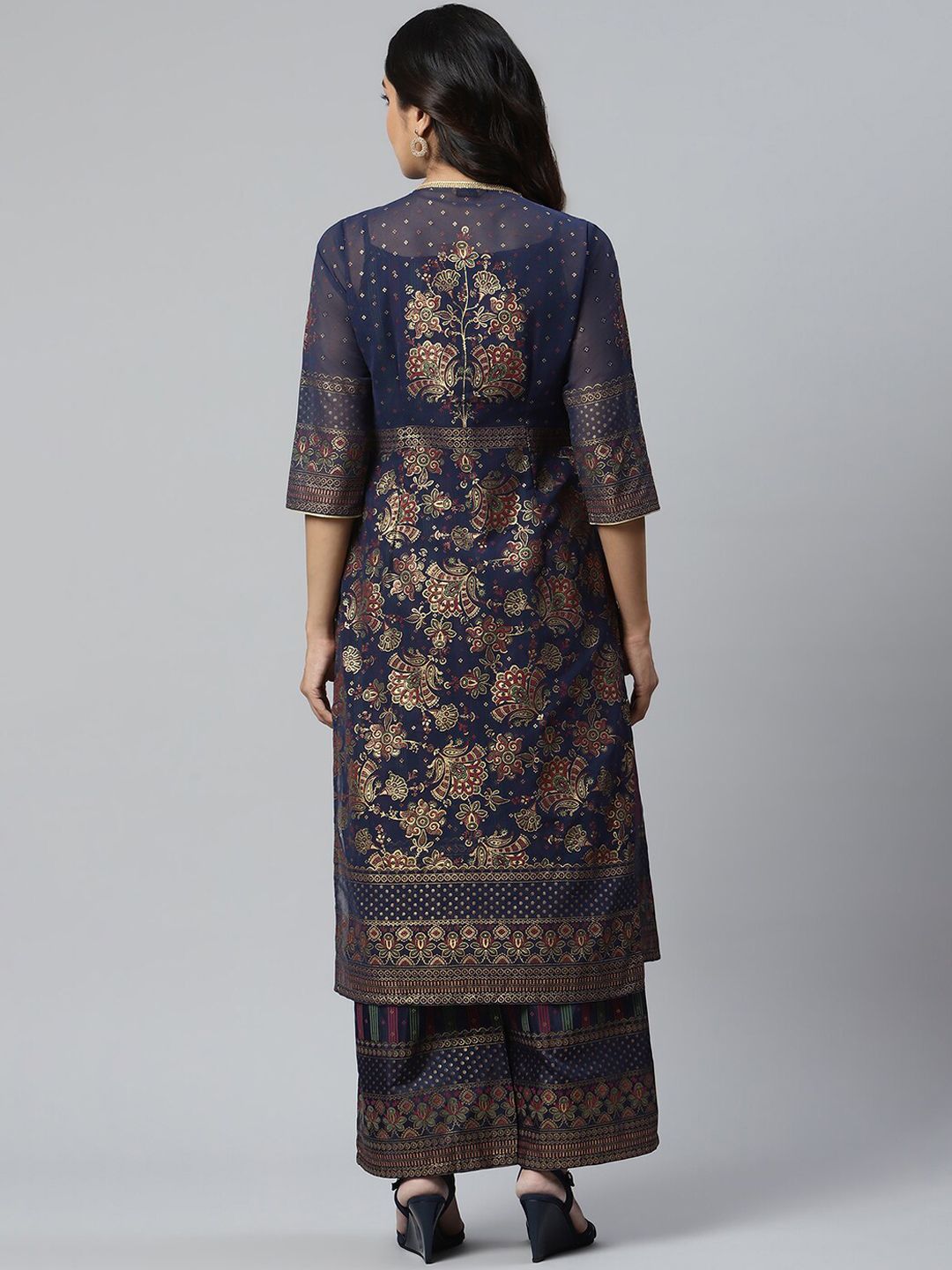 AURELIA Women Blue Printed Pleated Kurta with Palazzos