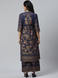 AURELIA Women Blue Printed Pleated Kurta with Palazzos