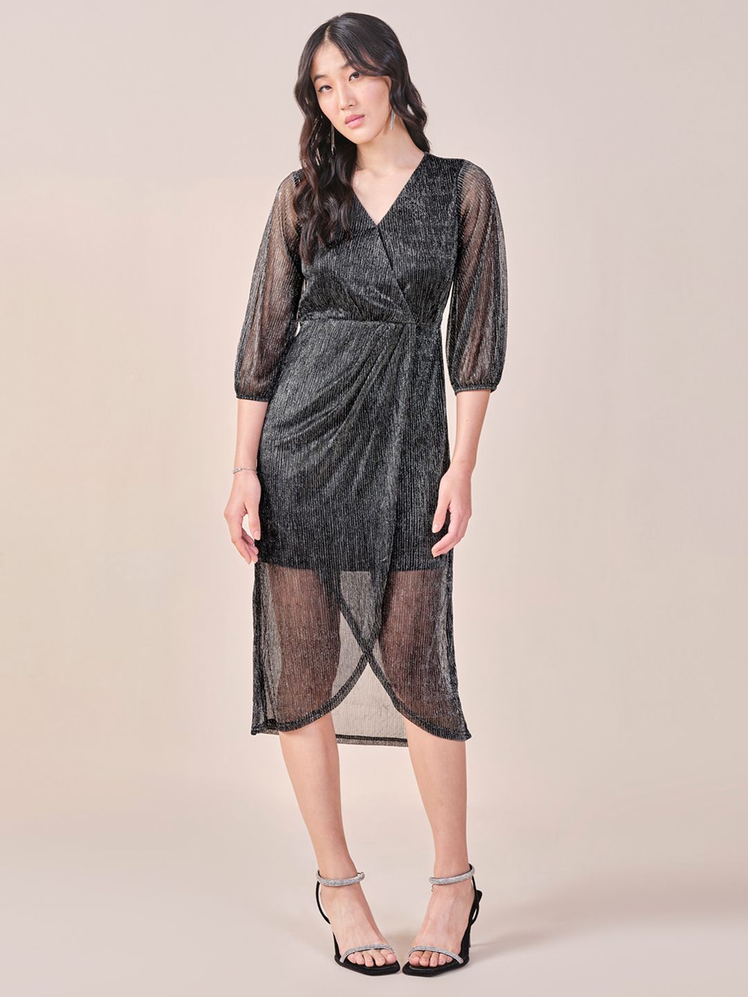 AND Puff Sleeve Midi Wrap Dress
