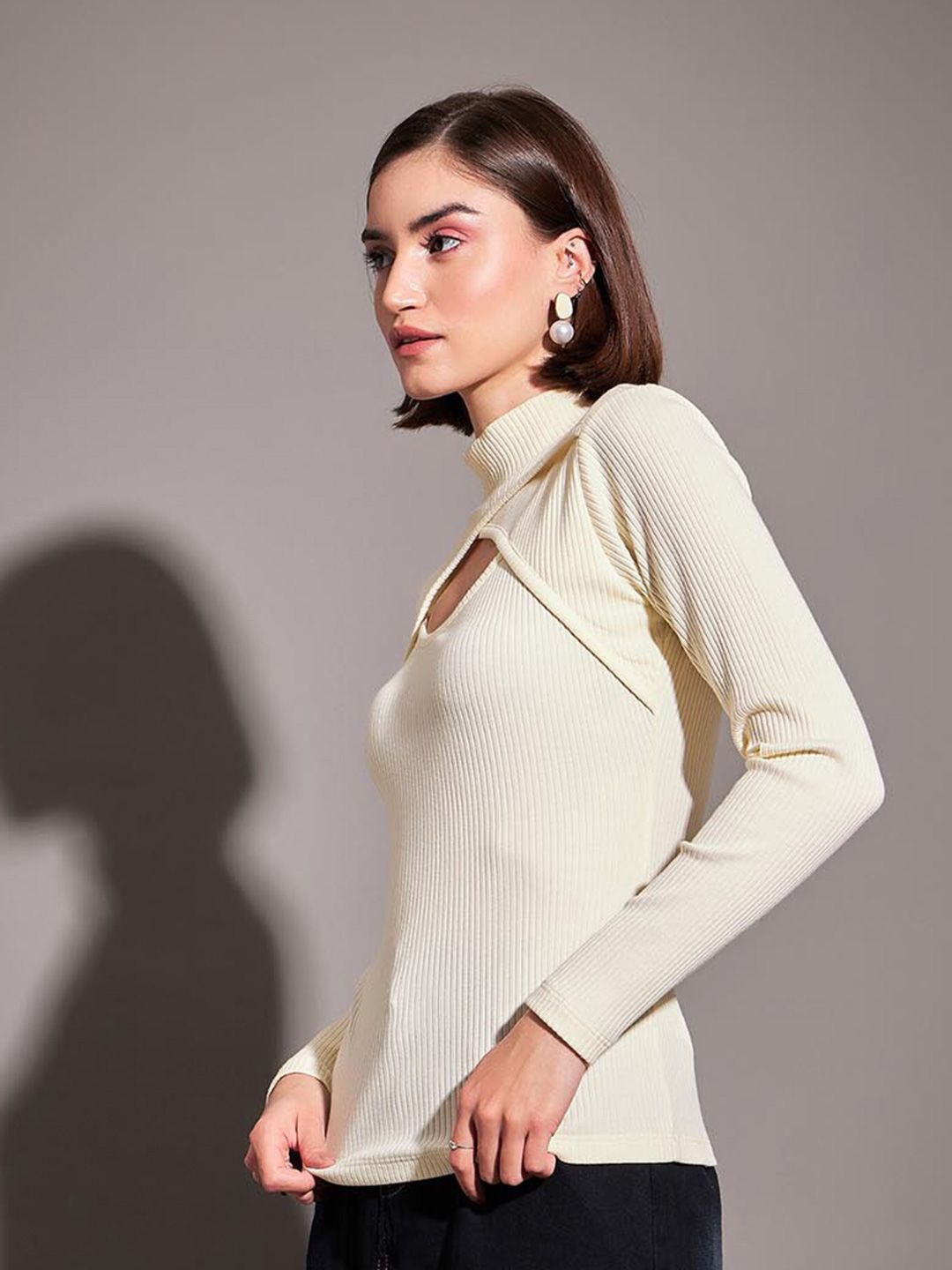 SASSAFRAS Off White Ribbed High Neck Cut Out Regular Top