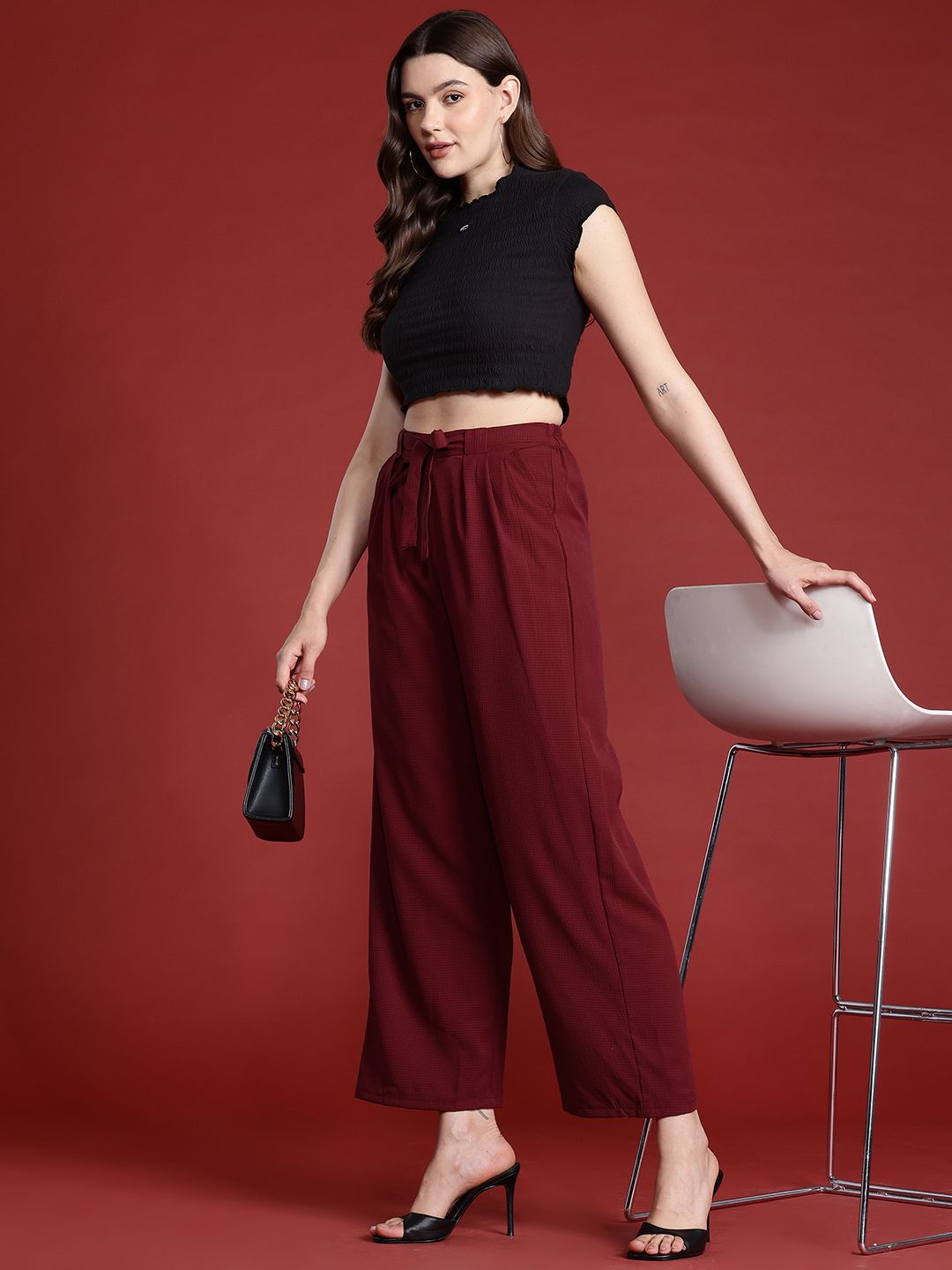 all about you Women Textured Pleated Trousers with Belt
