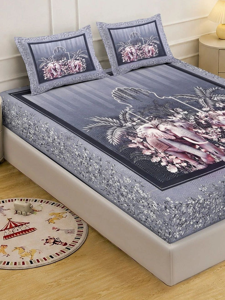 KLOTTHE Grey & Multicoloured 400 TC King Bedsheet with 2 Pillow Covers