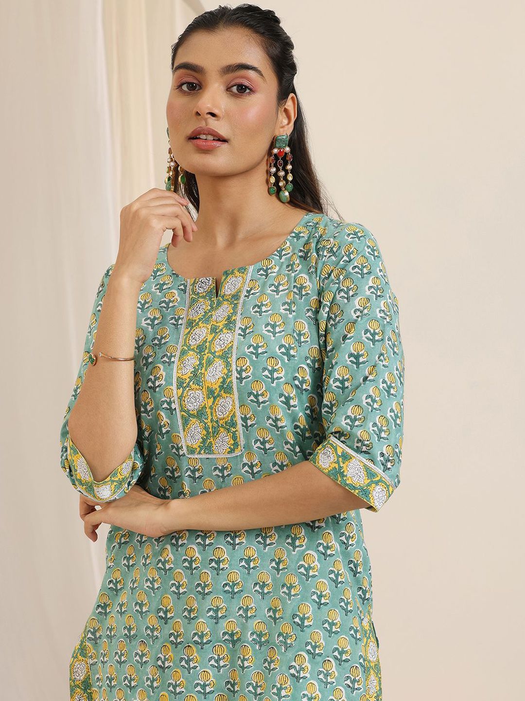 Libas Floral Printed Notch-Neck Straight Kurta With Palazzos And Dupatta