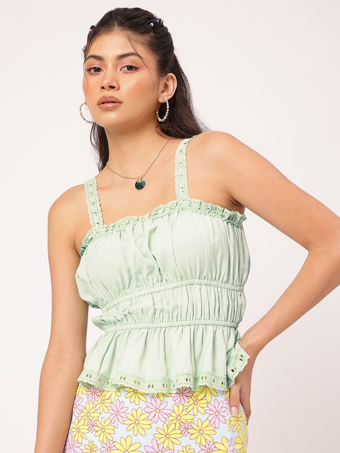 DressBerry Pastel Dreams Schiffli Lace Cinched Waist Top