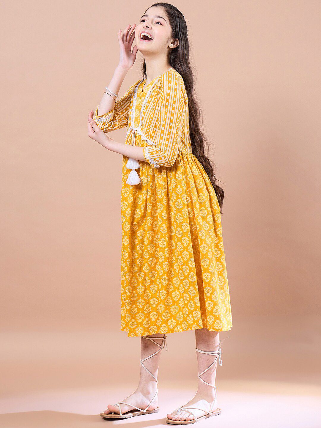 pspeaches Girls Ethnic Motifs Print Cotton V-Neck A-Line Midi Dress